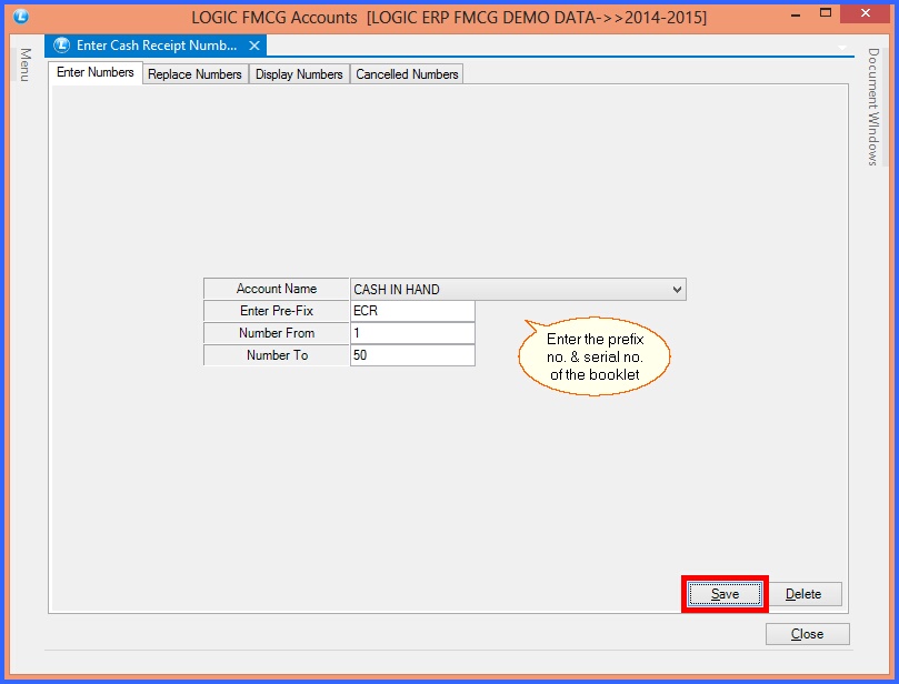 fmcg enter receipt no. cash receipt header